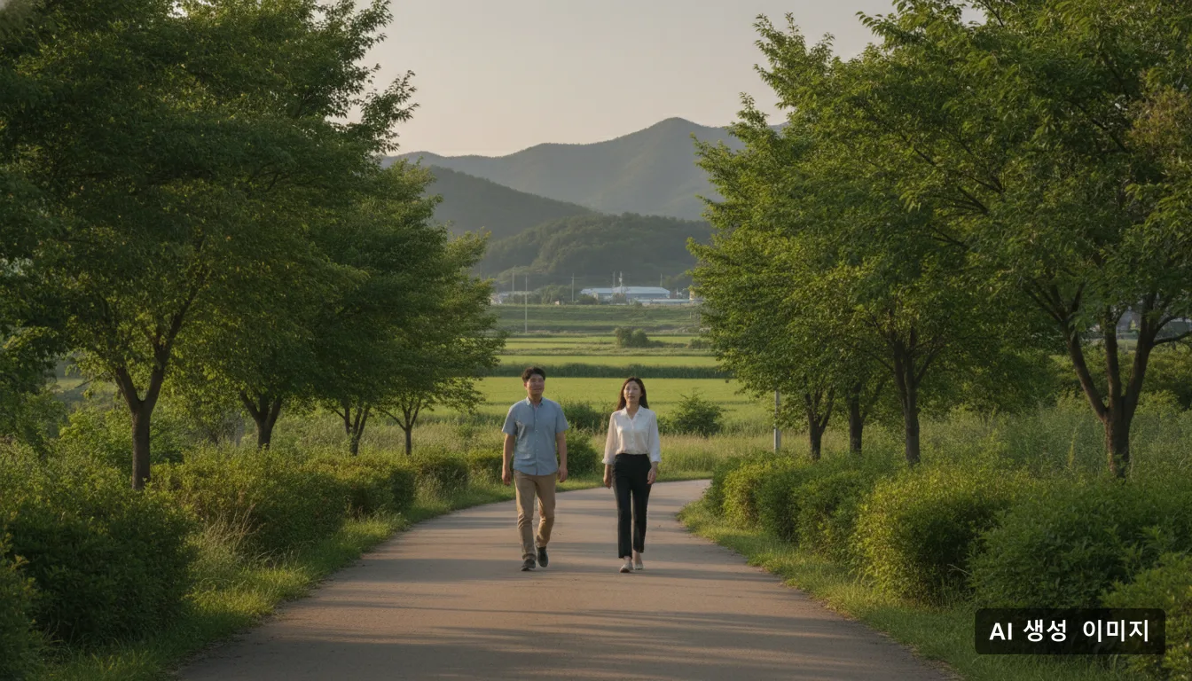 늦여름 오후 의성의 한 야외 공원 산책로를 청년 남녀가 걷고 있다. · AI 생성 이미지