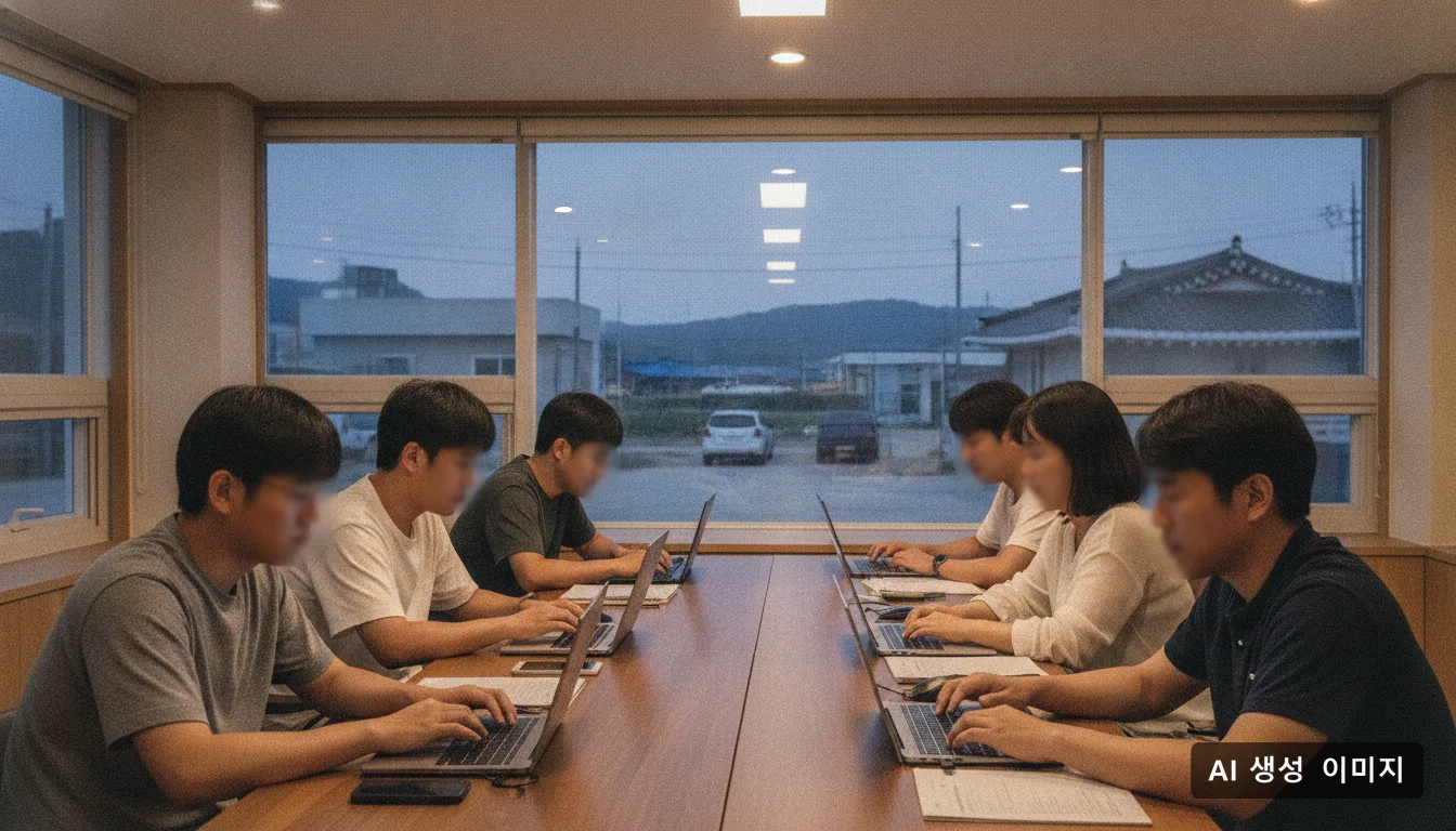 의성군의 한 강의실에서 청년들이 노트북을 켜고 수업에 참여하고 있다. · AI 생성 이미지