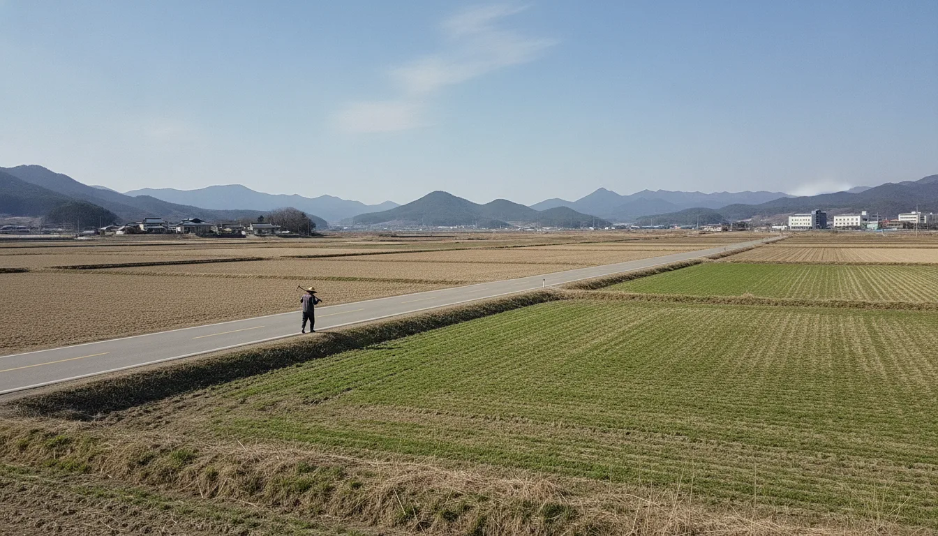 신공항과 연계 산업 거점 조성이 논의되는 가운데 들판 사이로 2차선 도로가 길게 이어져 있다. · AI 생성 이미지